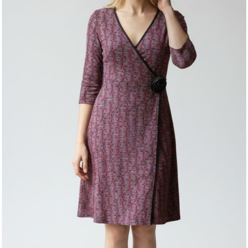 Max Studio Long Sleeve Faux Wrap Dress Size MP Red Blue Floral Vintage Y2K USA